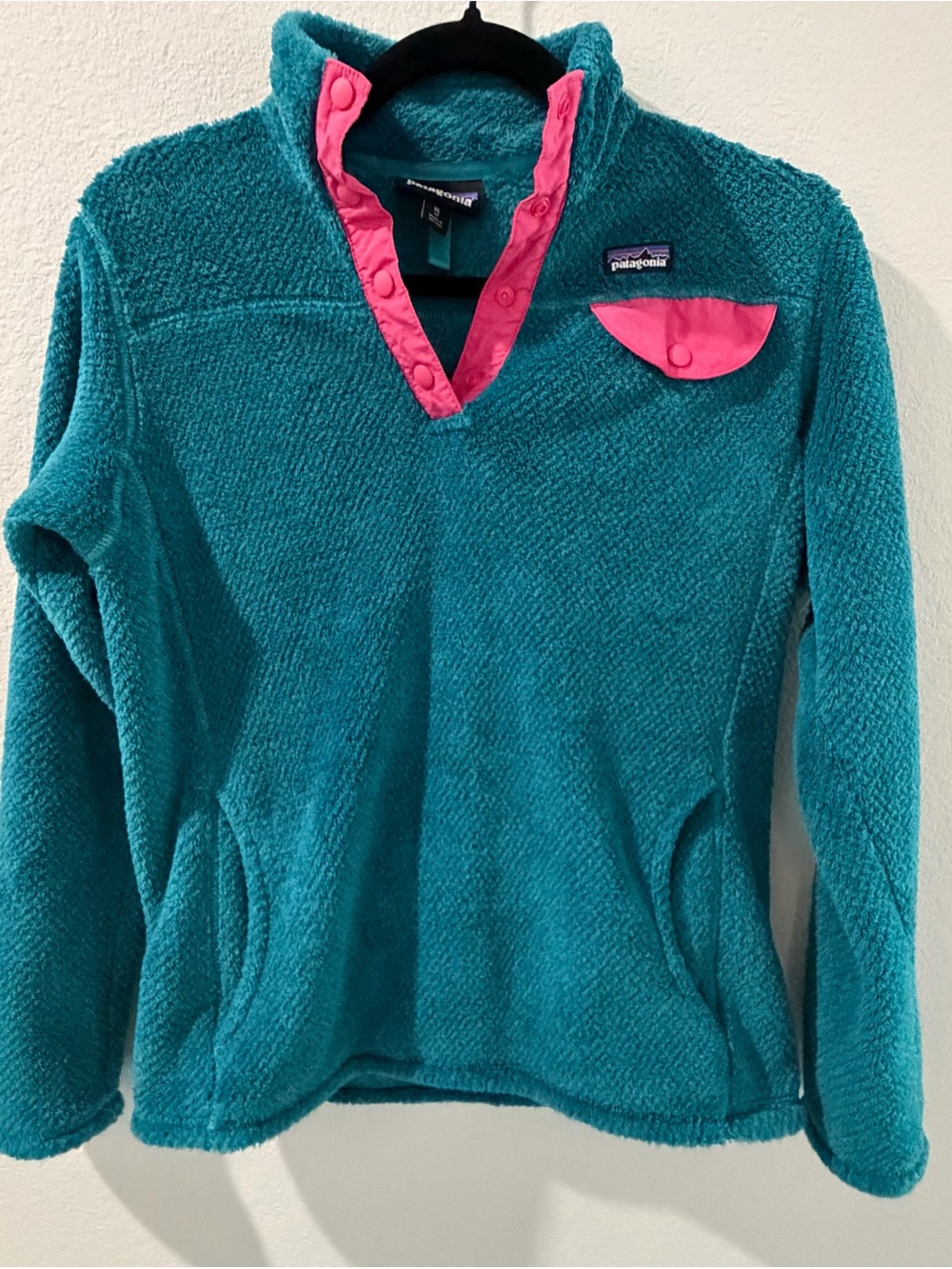 Patagonia Teal Pullover Fleece Hot Pink Trim Snap Jacket Coat XL